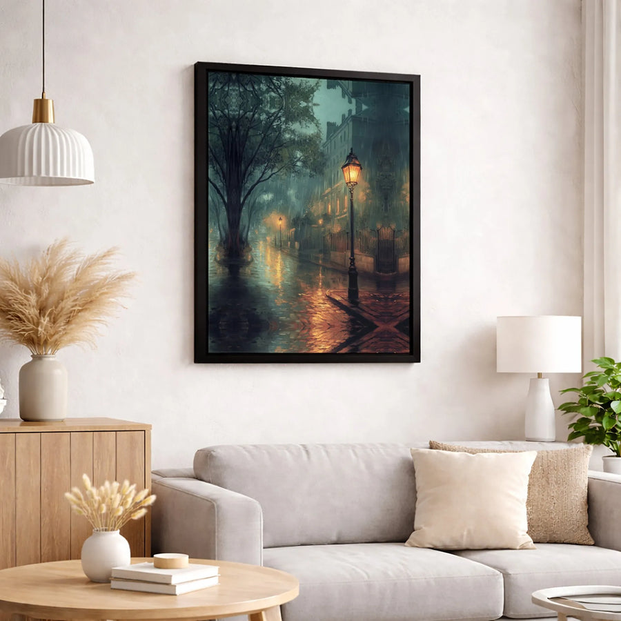 Rainy Night City Street Canvas Art | Glowing Lamppost Streetscape | 1.25" Thick Premium Gallery Wrap | Atmospheric Home & Office Decor Gift