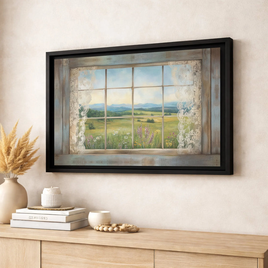 Rustic Window View Canvas Print | Wildflower Meadow Landscape With Lace Curtains | Premium Gallery Wrap Art | Farmhouse Wall Decor Gift