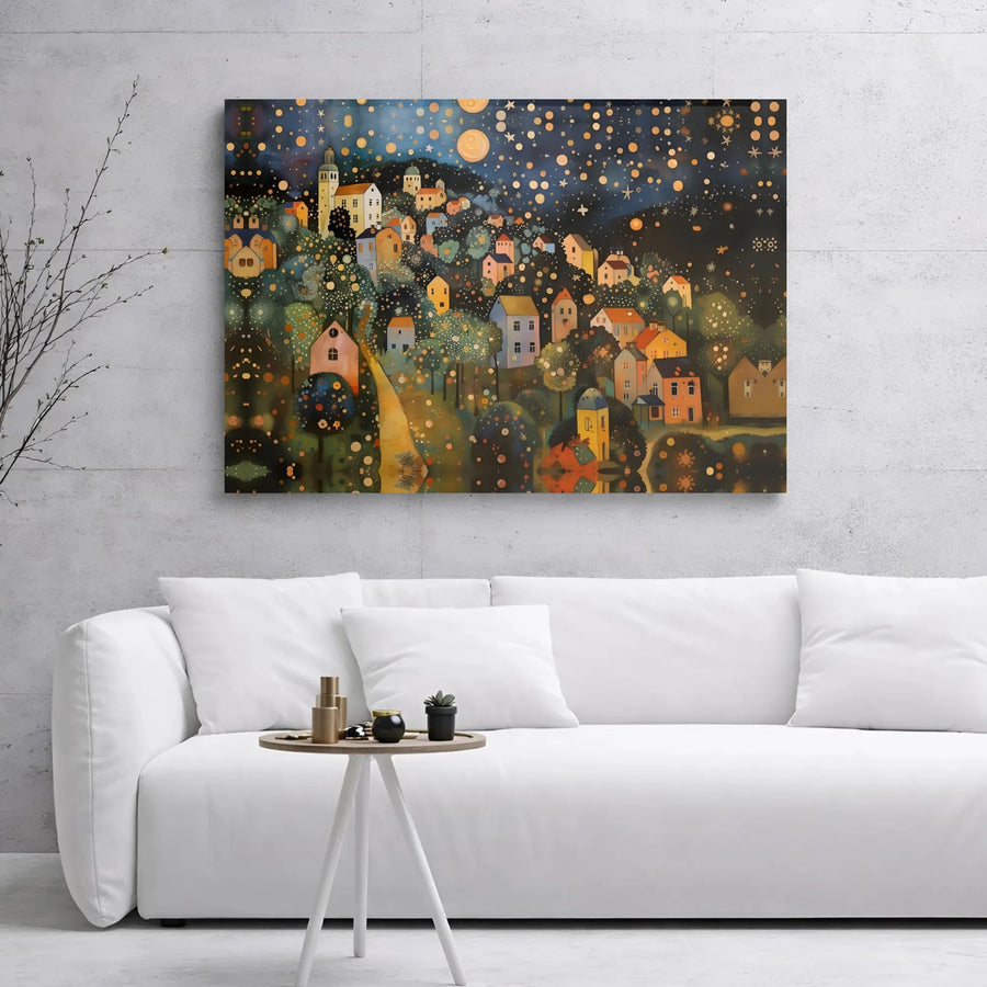 Whimsical Village Canvas Print | Starry Night Landscape Wall Art | Premium Gallery Wrap Decor | Gift for Art Lovers