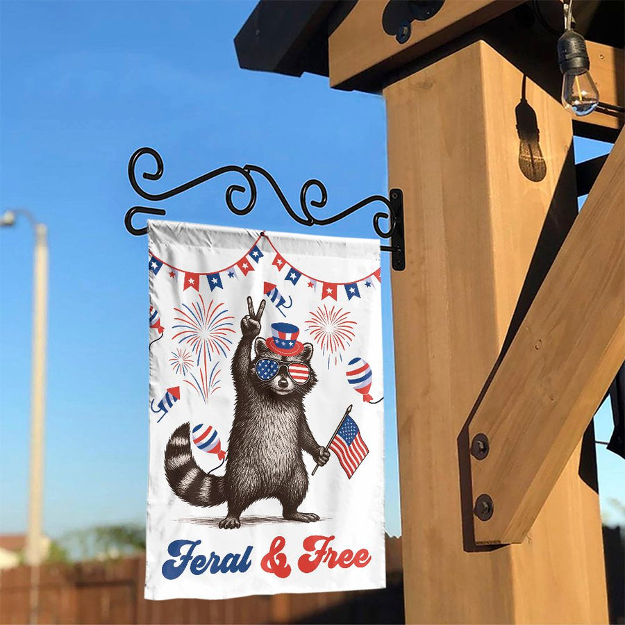 Feral & Free Raccoon Garden Flag | Patriotic 4th of July Yard Decor | Weather-Resistant Premium Polyester | Festive American Summer Gift