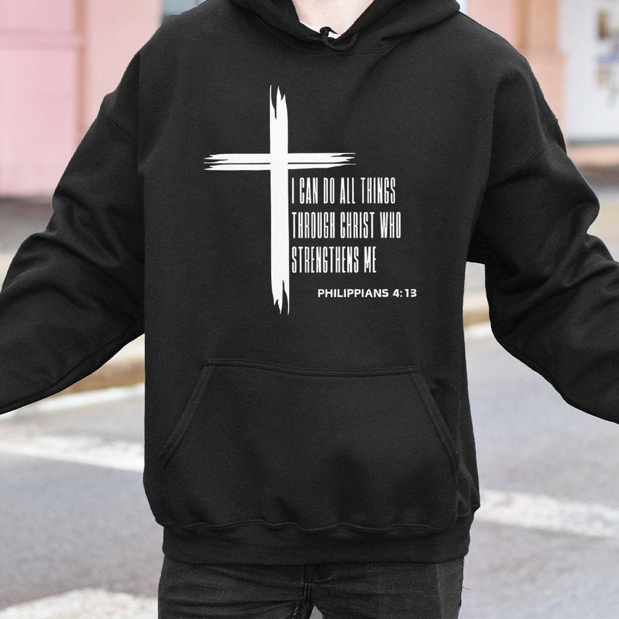 Philippians 4:13 Cross Hoodie | Christian Bible Verse Graphic | Premium Cotton Blend Sweatshirt | Religious Gift for Men and Women