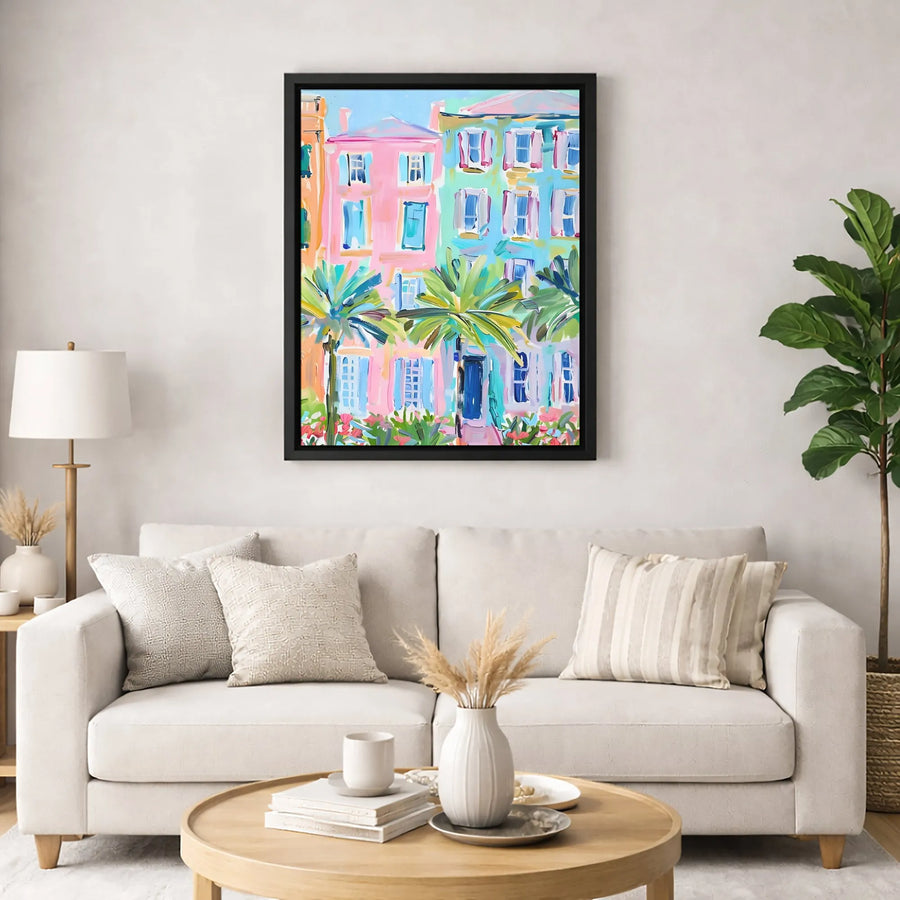 Charleston Rainbow Row Canvas Art | Colorful Tropical Palm Tree Painting | Premium 1.25 Inch Gallery Wrap | Coastal Wall Decor for Home