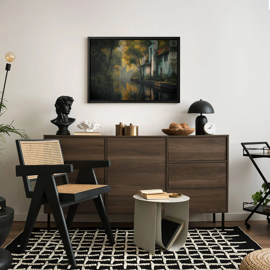 Misty Canal Landscape Canvas Wall Art | Moody Autumn Forest & Old House Print | Premium Gallery Wrap 1.25" Thickness | Nature Home Decor Gift