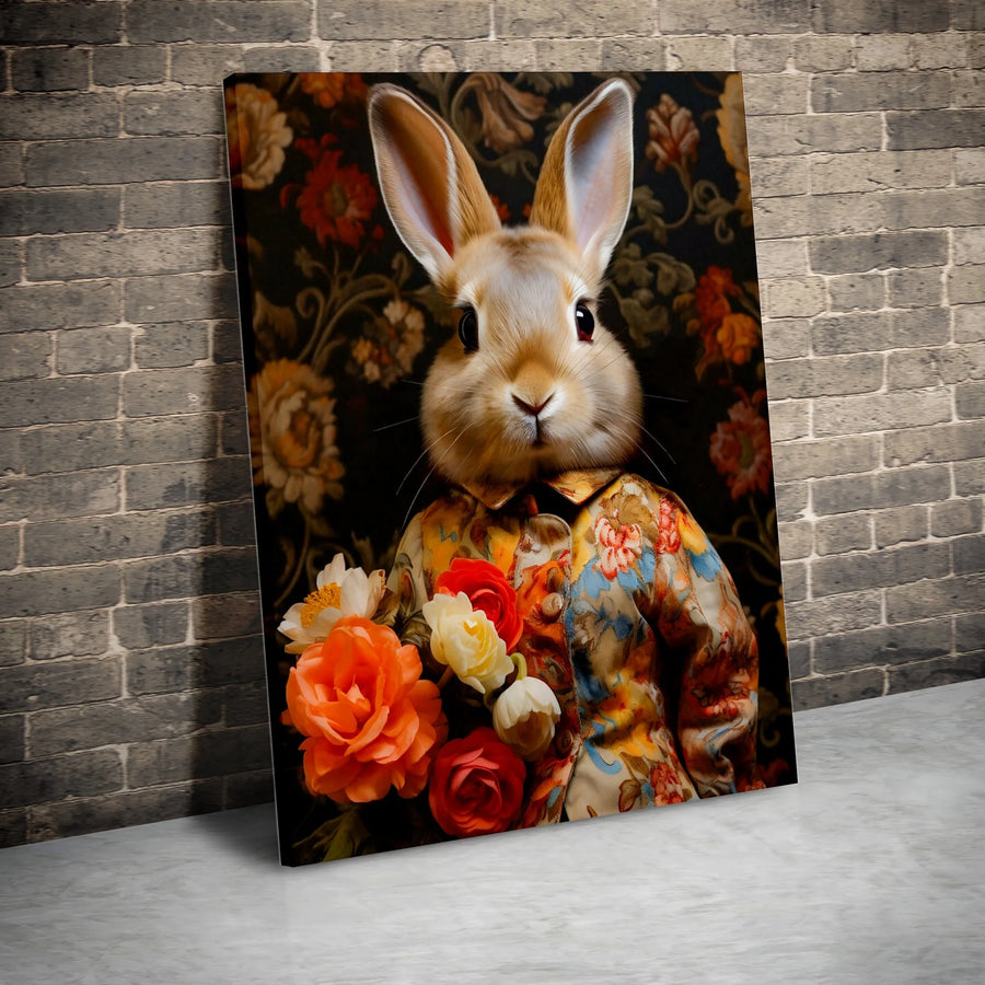 Rabbit Portrait Canvas Wall Art | Anthropomorphic Bunny in Floral Shirt | Premium Gallery Wrapped Print | Whimsical Woodland Home Decor Gift