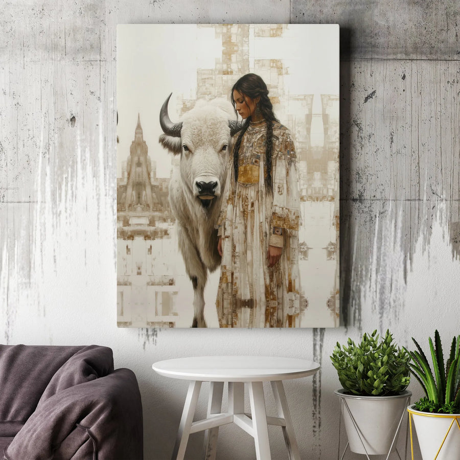 White Buffalo Native American Woman Wall Art | Spiritual Western Canvas Print | Premium Fade-Resistant Gallery Wrap | Southwestern Home Decor Gift