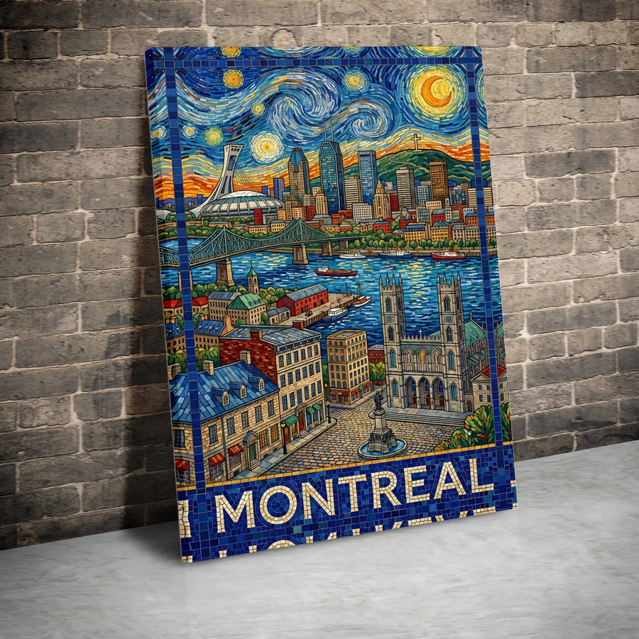 Montreal Canada Wall Art | Starry Night Mosaic Illustration | Premium Gallery Wrapped Canvas | Travel Poster Gift for Quebec Lover