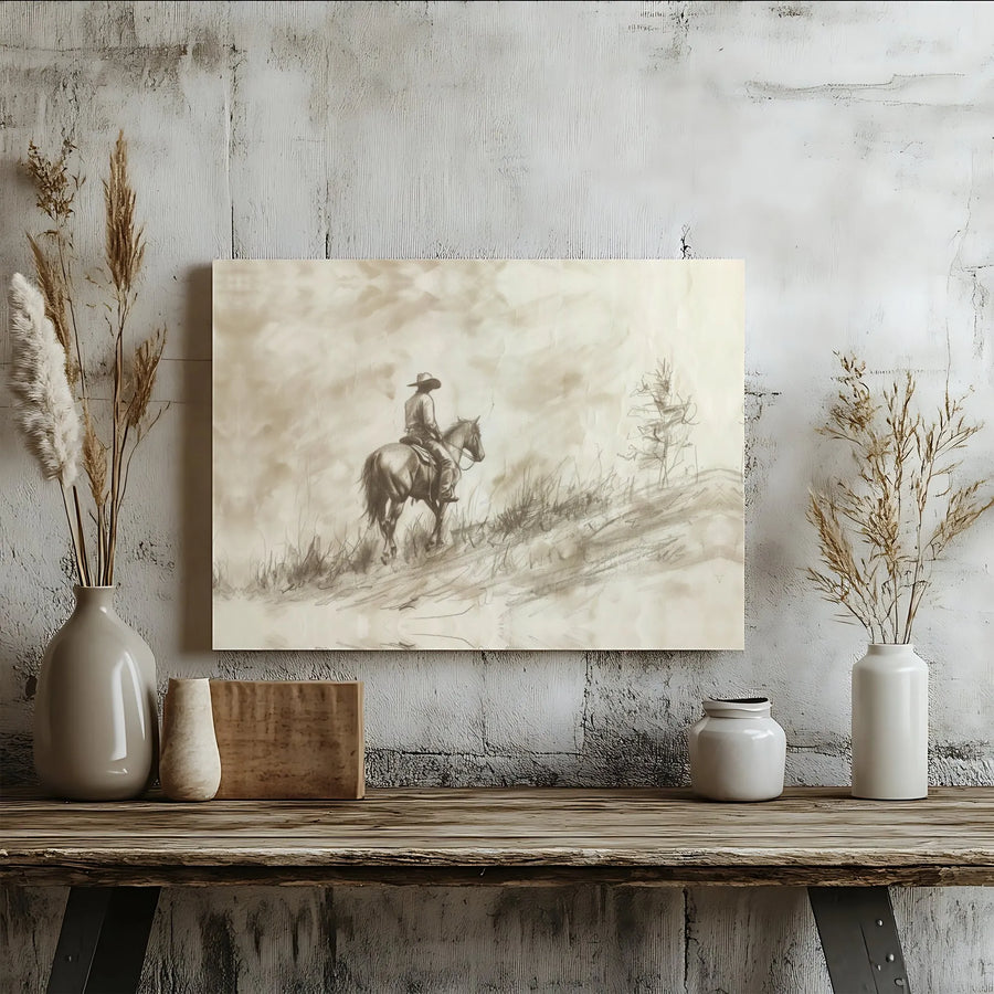 Western Cowboy Horse Canvas Wall Art | Sketch Style Equestrian Print | Gallery Wrap Premium Decor | Rustic Farmhouse Gift For Him
