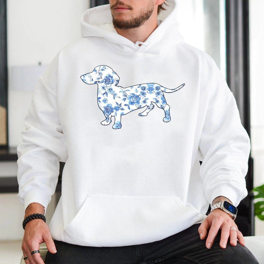 Dachshund Hoodie | French Blue Floral Toile Dog Print | Premium Cotton Blend | Gift for Dog Mom & Doxie Lover