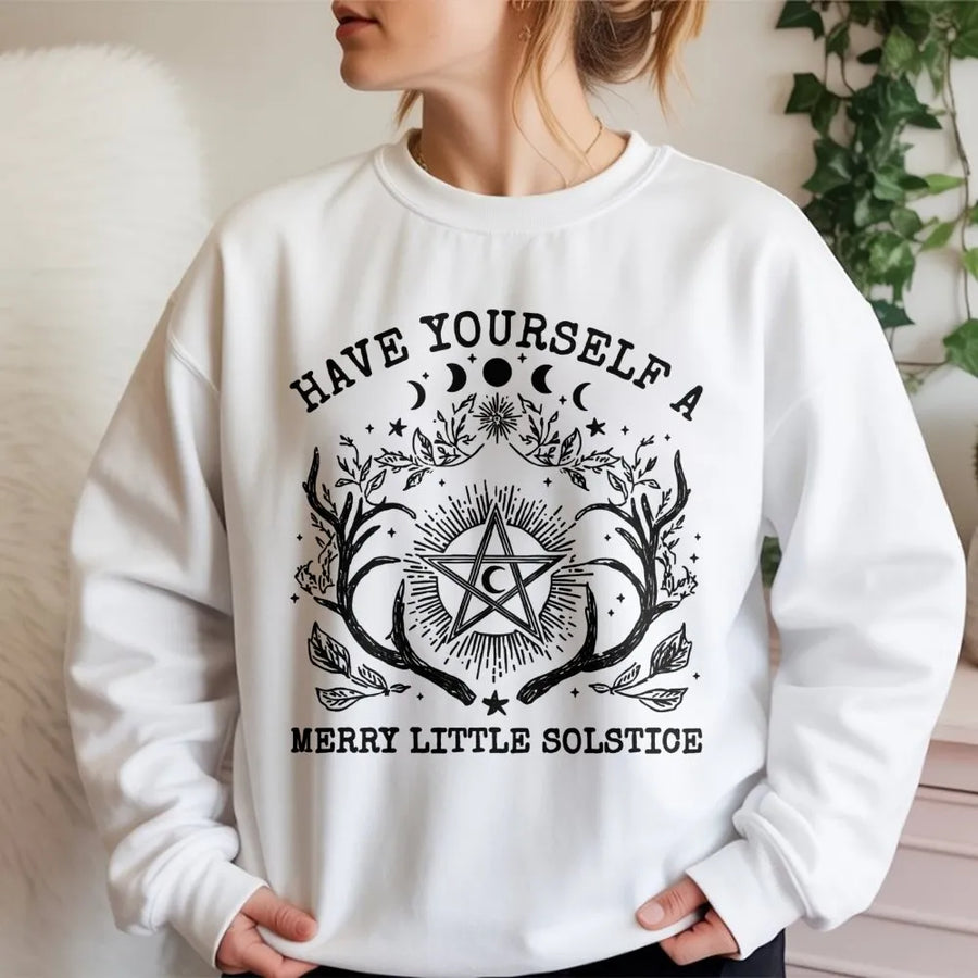 Witchy Solstice Sweatshirt | Pentagram Moon Antler Graphic | Premium Cotton Blend | Magical Pagan Holiday Gift For Women And Men
