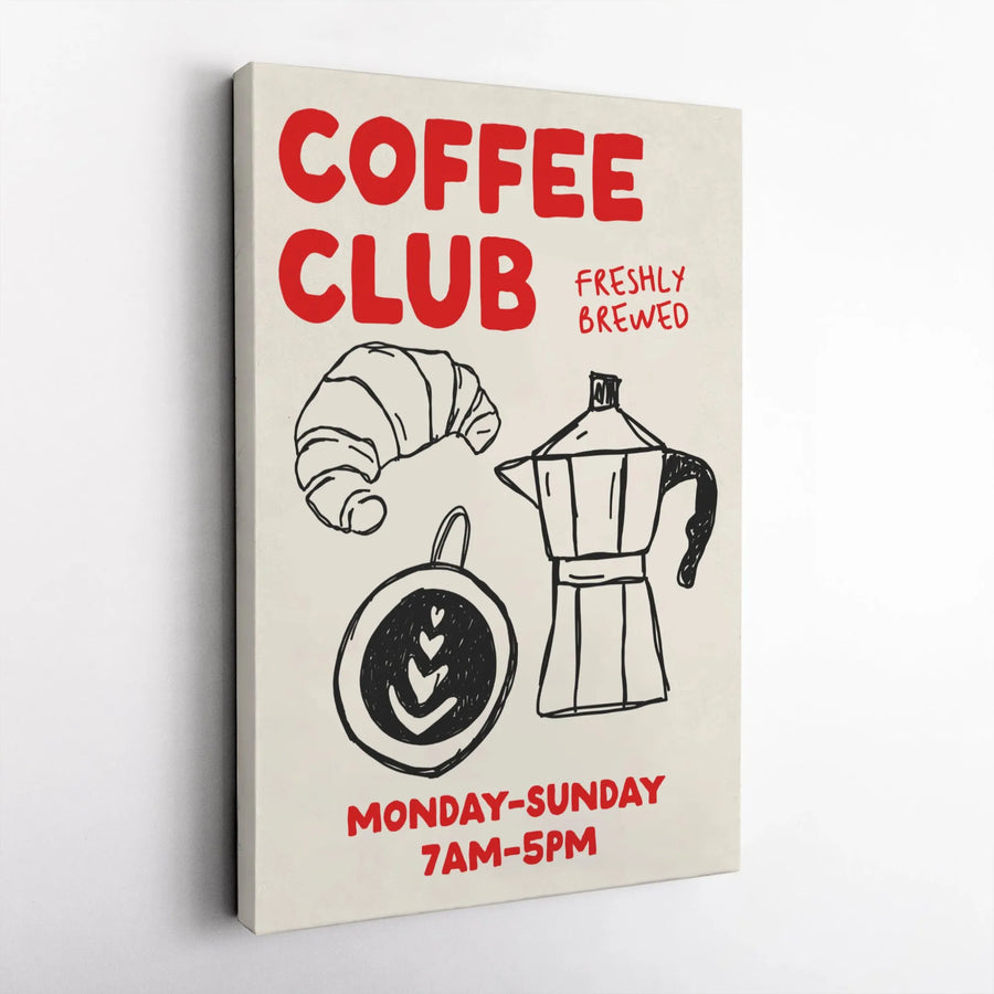 Coffee Club Canvas Wall Art | Doodle Sketch Moka Pot and Croissant | Premium 1.25 Inch Gallery Wrap | Cafe Decor for Kitchen or Coffee Bar