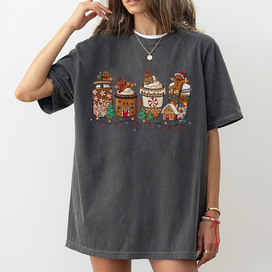 Christmas Gingerbread Coffee T-Shirt | Festive Holiday Drink Graphic Print | 100% Cotton Premium Tee | Cute Winter Seasonal Gift For Women