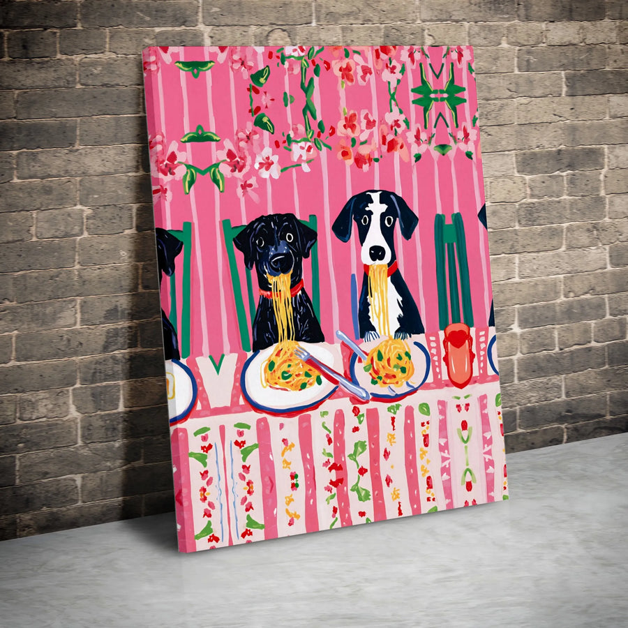 Dogs Eating Spaghetti Canvas Art | Whimsical Pet Portrait Wall Decor | Premium 1.25-Inch Gallery Wrap | Funny Kitchen Animal Print Gift