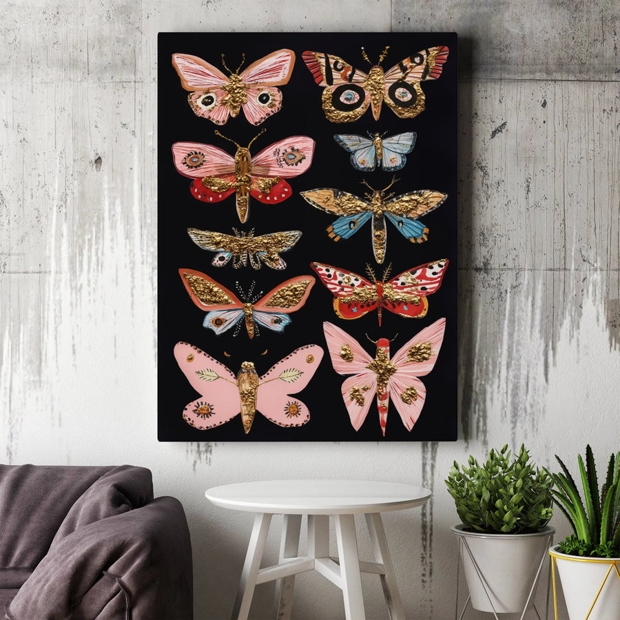 Butterfly and Moth Wall Art | Vintage Entomology Gold Foil Style | Premium Gallery Wrap Canvas | Botanical Nature Decor for Home and Office