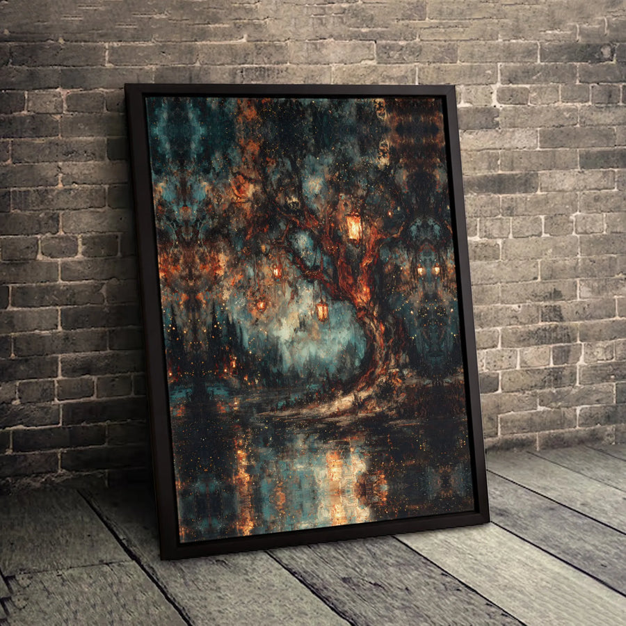 Enchanted Forest Canvas Wall Art | Glowing Lantern Tree Painting | Premium Gallery Wrap Print | Whimsical Home Decor Gift