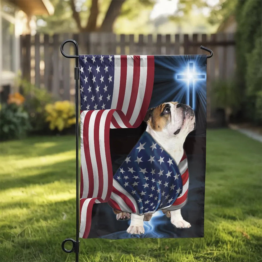 Patriotic Bulldog Garden Flag | Christian American Flag & Cross Design | Weatherproof Polyester Fabric | God and Country Yard Decor Gift