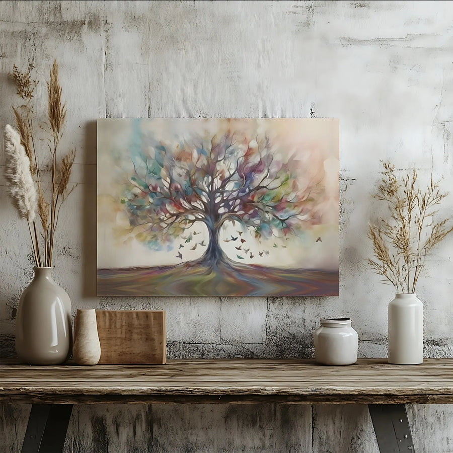 Abstract Tree Of Life Canvas Wall Art | Colorful Watercolor Forest Birds Print | Premium Gallery Wrap 1.25" Frame | Modern Home Office Decor Gift