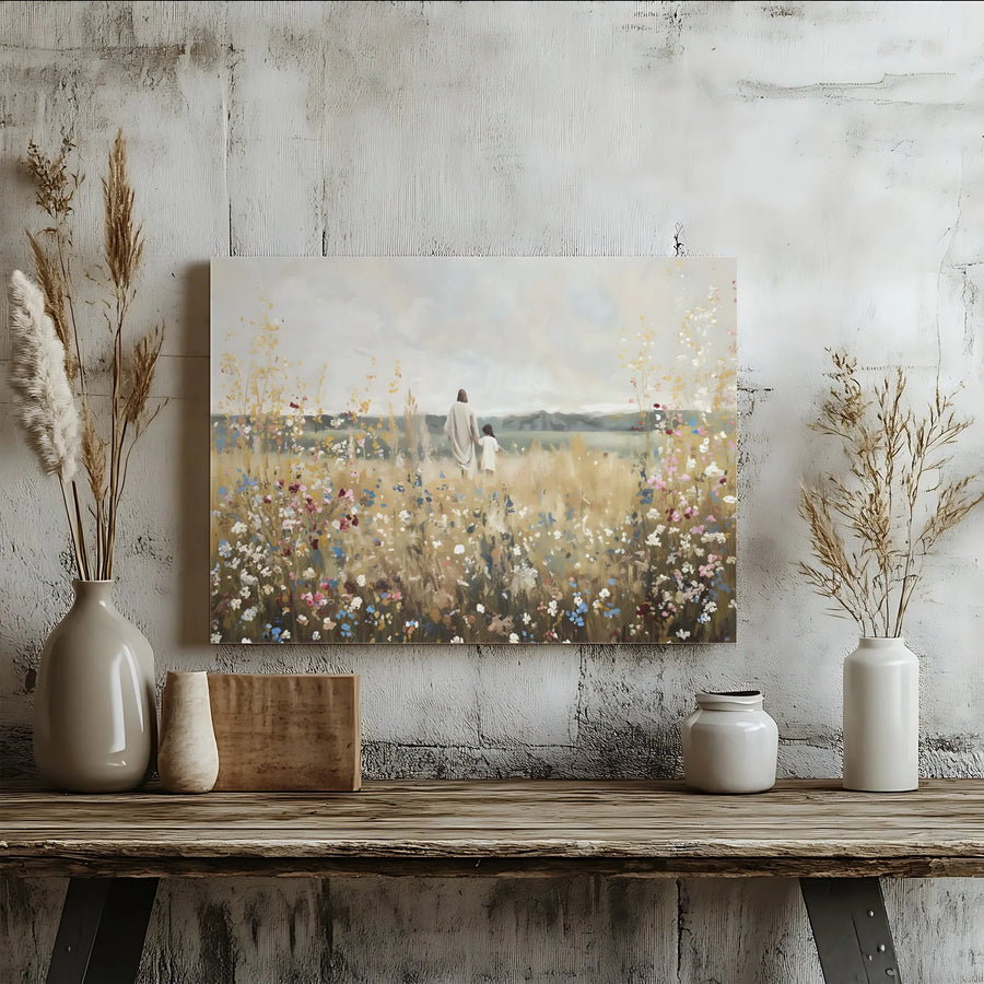Jesus and Child Canvas Wall Art | Impressionist Wildflower Field Painting | Premium Gallery Wrapped Decor | Christian Home Gift for Believers