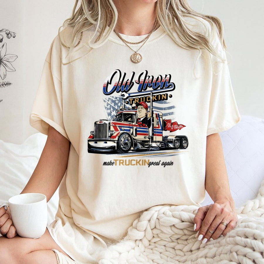 Old Iron Trucking T-Shirt | Patriotic American Truck Graphic | 100% Cotton Premium Quality | Gift for Truck Drivers and Supporters