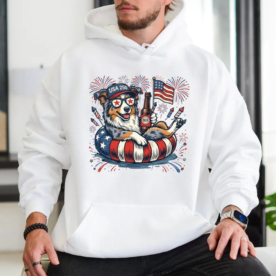 Patriotic Dog Hoodie | Funny USA 250 Aussie with American Flag | Premium Cotton-Blend Sweatshirt | Gift for Dog Lovers 4th of July
