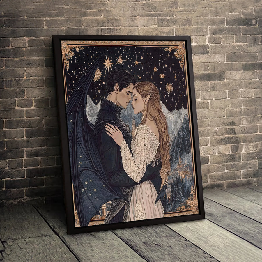 Fantasy Romance Wall Art | Winged Demon and Elf Couple Portrait | Premium Gallery Wrapped Canvas | Romantic Gift for Book Lovers