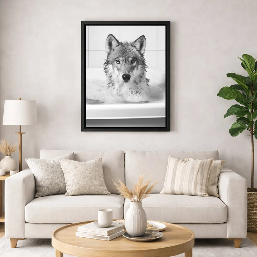 Wolf in Bathtub Wall Art | Whimsical Animal Bathroom Decor | Premium 1.25-Inch Canvas Print | Funny Wildlife Portrait Gift for Animal Lovers