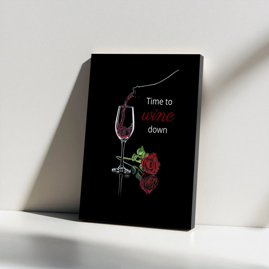 Time to Wine Down Canvas Art | Red Wine Pour & Rose Floral Decor | Gallery Wrap Premium Print | Kitchen & Dining Room Wall Decor Gift