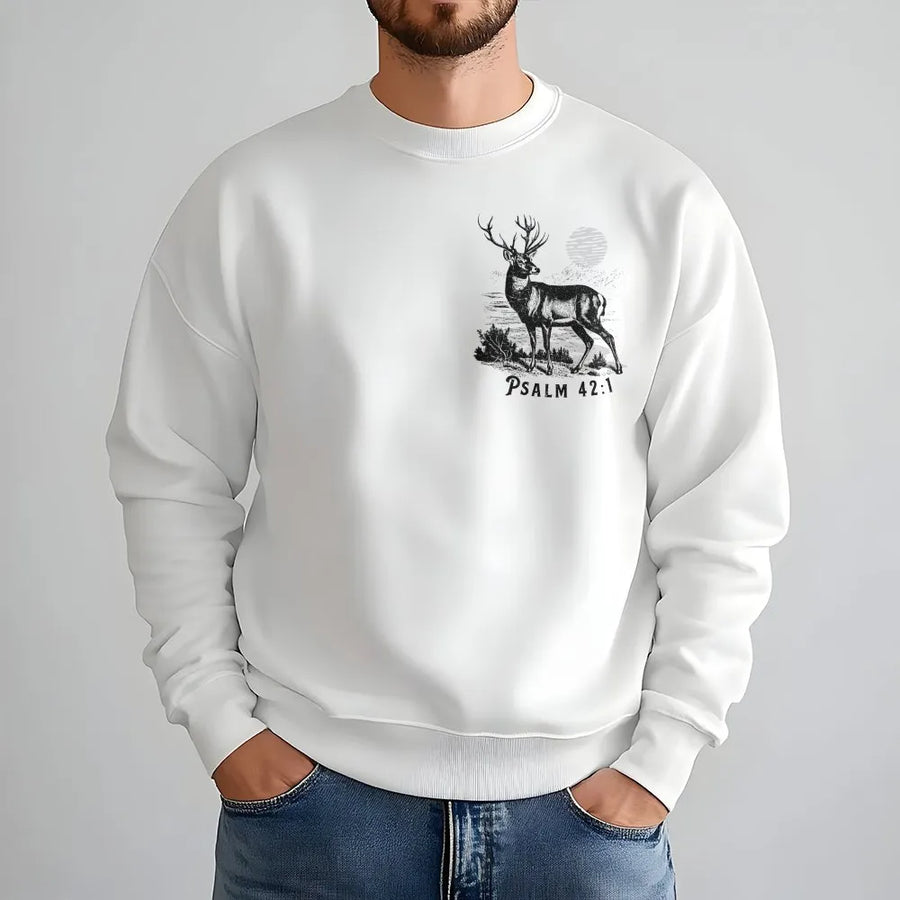 Psalm 42:1 Christian Sweatshirt | Vintage Deer Graphic Tee | Soft Breathable Cotton | Religious Faith Gift for Men