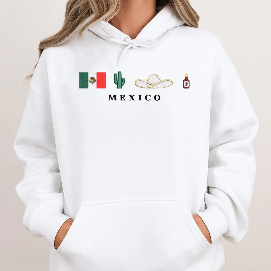 Mexico Hoodie | Cultural Flag Cactus Sombrero Hot Sauce Icons | Cotton-Blend Comfort | Hispanic Heritage Gift for Men and Women