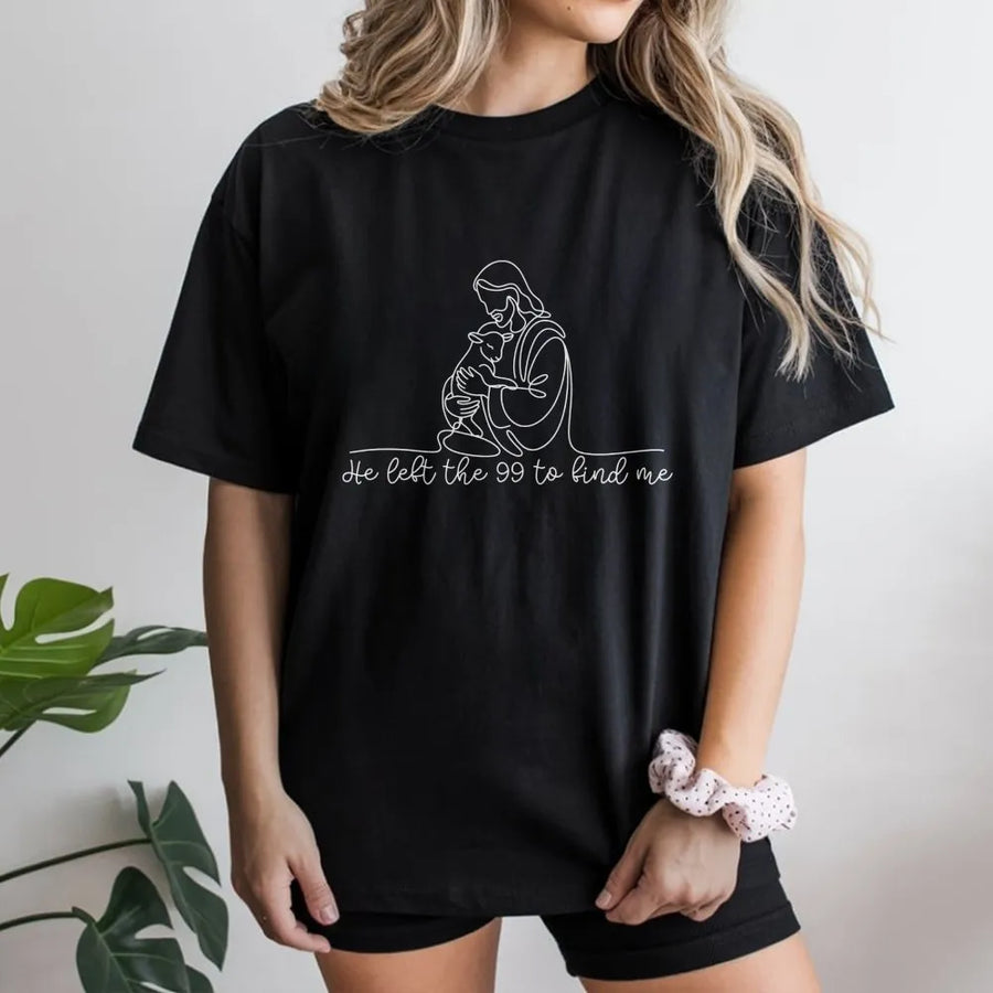 He Left The 99 T-Shirt | Minimalist Jesus with Lamb Line Art | Soft Cotton Unisex Tee | Faith Based Apparel Gift for Believers