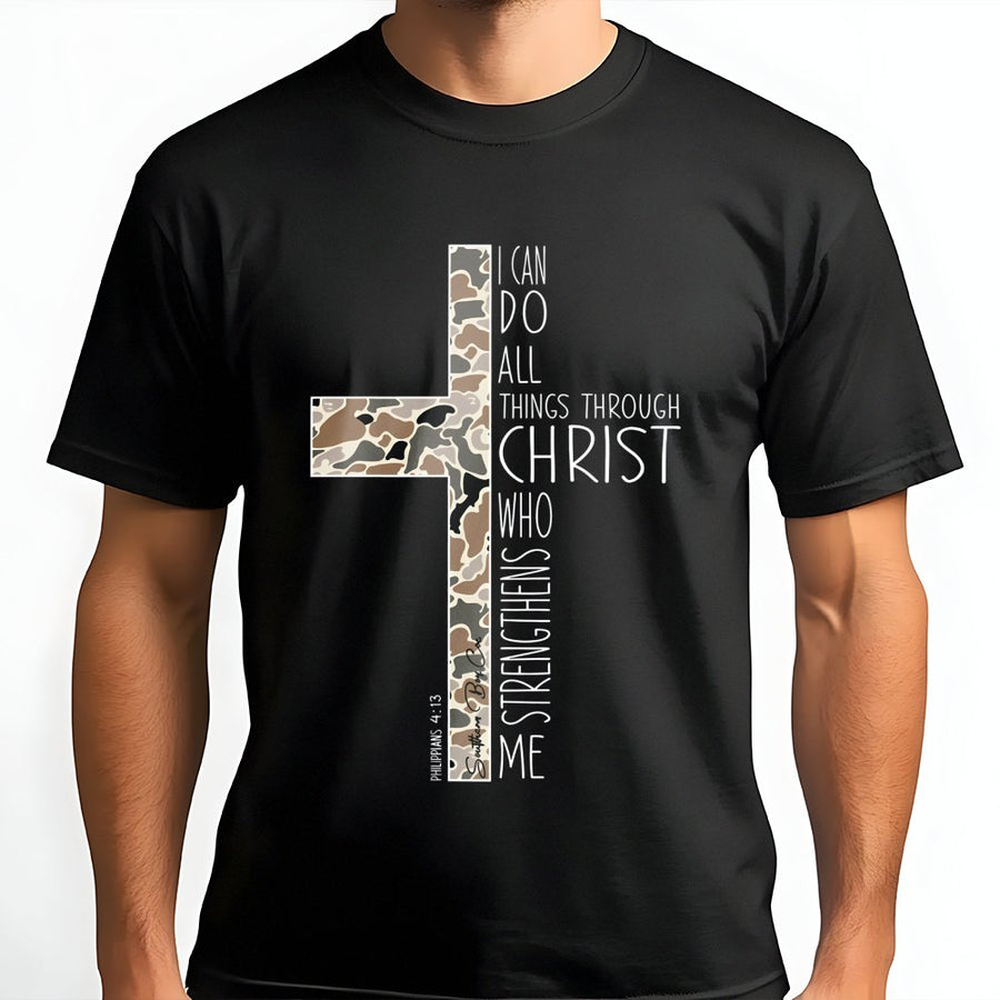 Philippians 4:13 T-Shirt | Camo Cross Graphic Bible Verse | Premium Cotton Faith Apparel | Inspirational Christian Gift for Men and Women