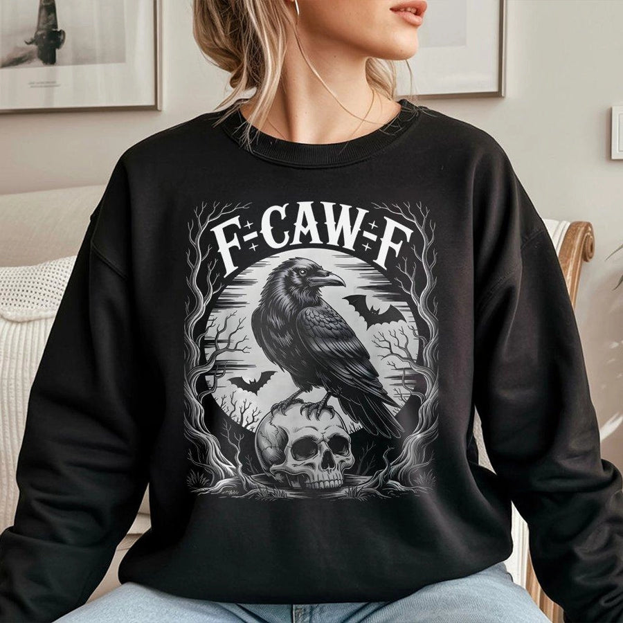Gothic Raven Skull Sweatshirt | Funny Crow Pun F-Caw-F Graphic | Premium Cotton Blend Unisex Crewneck | Dark Academia Halloween Gift for Bird Lovers