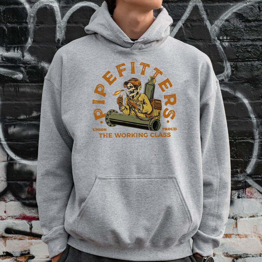 Pipefitter Hoodie | Union Proud Working Class Graphic | Premium Cotton Blend Sweatshirt | Blue Collar Construction Gift for Tradesmen