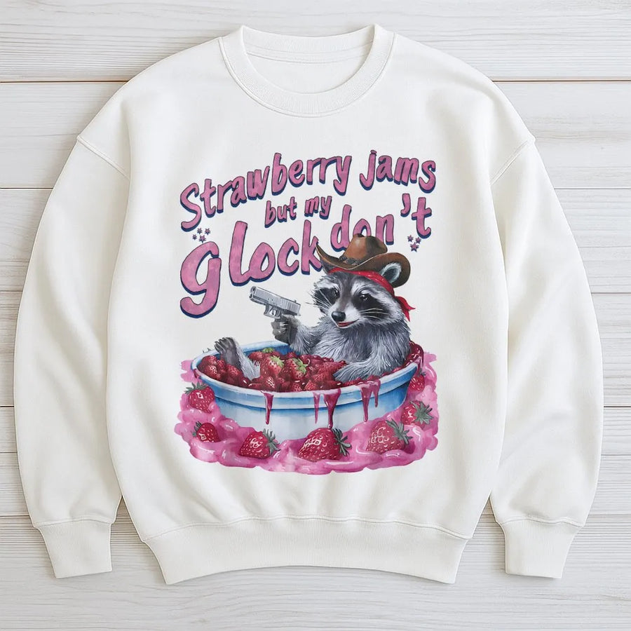 Funny Raccoon Sweatshirt | Strawberry Jams Glock Don't Cowboy Design | Premium Cotton Blend | Quirky Gift for Animal Lovers and Meme Fans