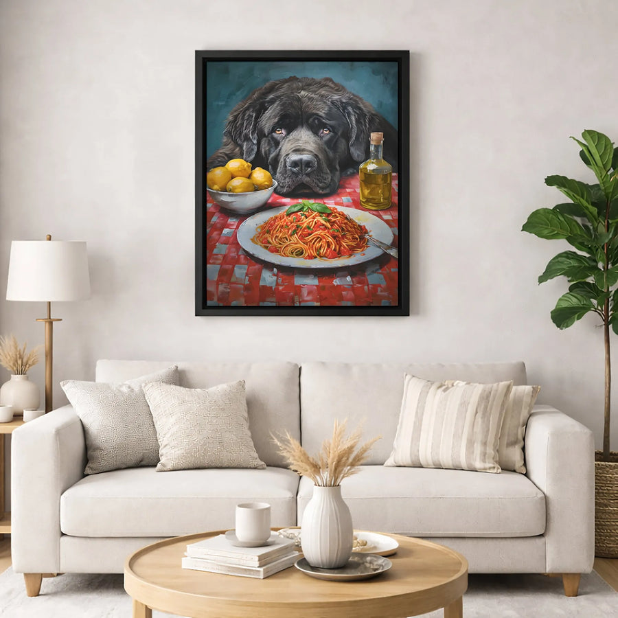 Newfoundland Dog Wall Art | Spaghetti And Lemon Oil Painting Style | Premium Gallery-Wrapped Canvas | Kitchen Decor Gift For Dog Lovers