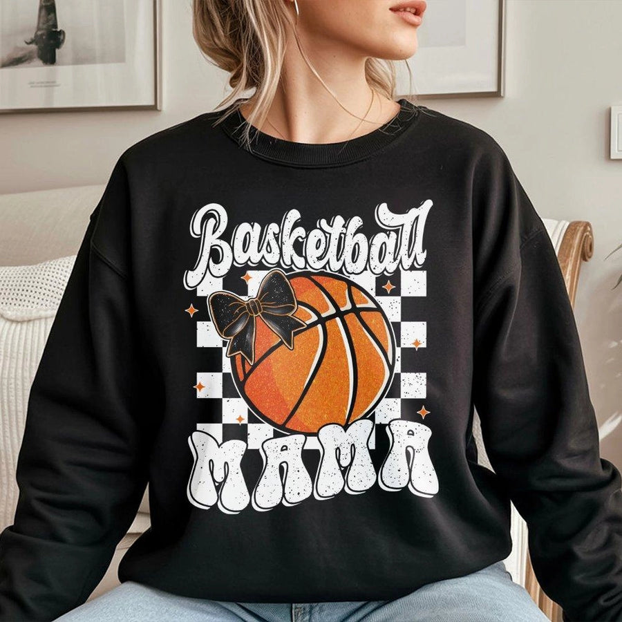 Basketball Mama Sweatshirt | Checkered Bow Sports Graphic | Premium Cotton Blend | Trendy Game Day Gift for Basketball Moms