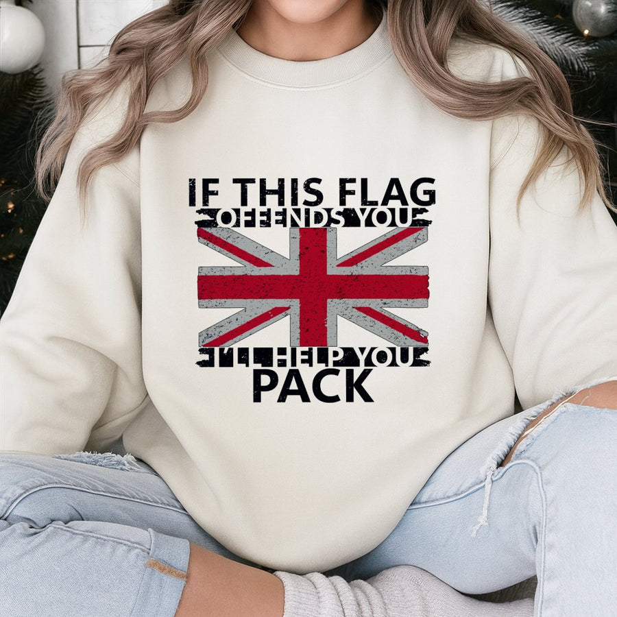 British Flag Sweatshirt | If This Flag Offends You Quote | Premium Cotton Blend Unisex Pullover | Patriotic Gift For UK Pride Supporters