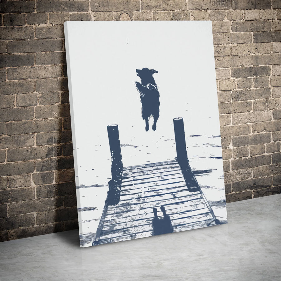 Dog Jumping Off Dock Canvas Wall Art | Minimalist Silhouette Sketch | Premium Gallery Wrapped Decor | Modern Dog Lover Gift