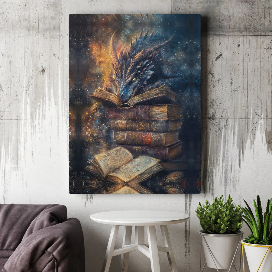 Dragon Reading Books Canvas Art | Cosmic Fantasy Wall Decor | Premium 1.25 Inch Gallery Wrap | Gift for Readers & Fantasy Art Collectors