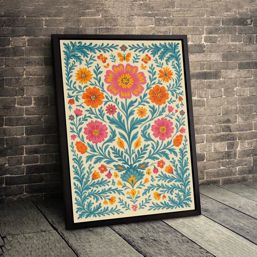 Folk Art Floral Canvas Wall Art | Symmetrical Butterfly Garden Print | Premium Gallery Wrapped Decor | Bohemian Botanical Home Gift
