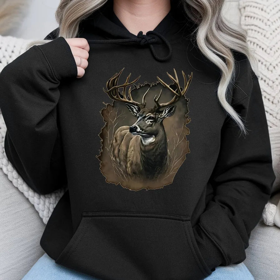 Whitetail Deer Hoodie | Majestic Buck Wildlife Graphic | Premium Cotton Blend | Gift For Hunters And Nature Enthusiasts