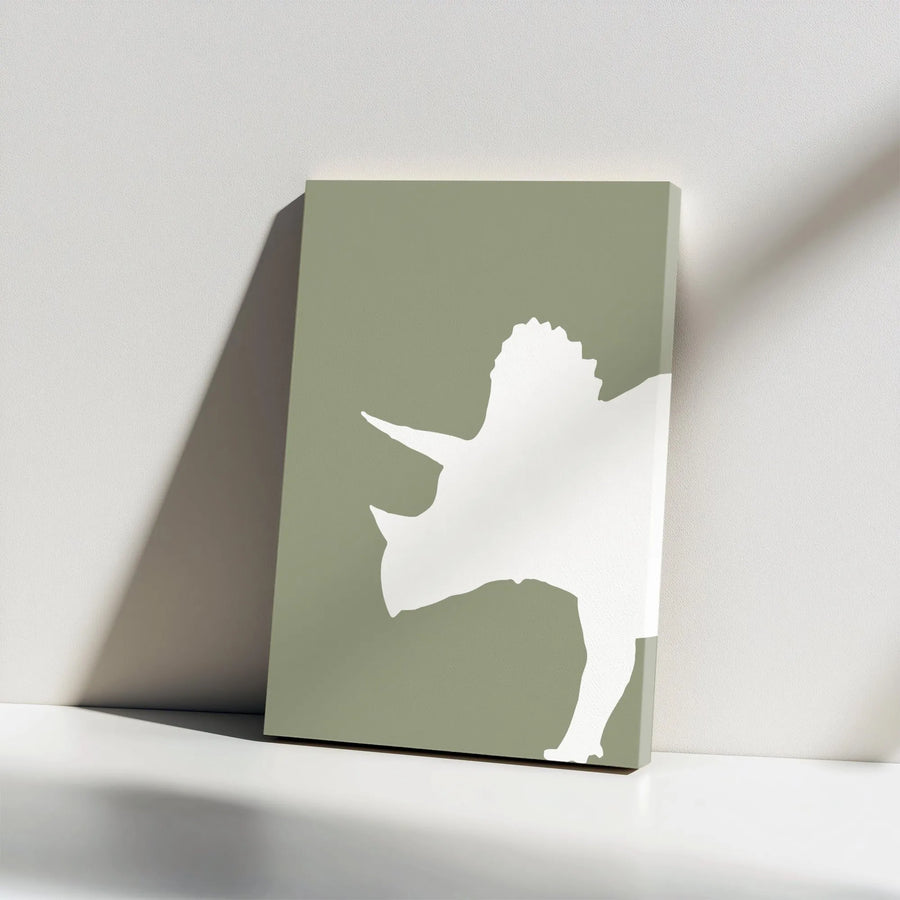 Minimalist Triceratops Wall Art | White Dinosaur Silhouette Canvas | Gallery Wrapped Premium Decor | Nursery or Office Gift Idea