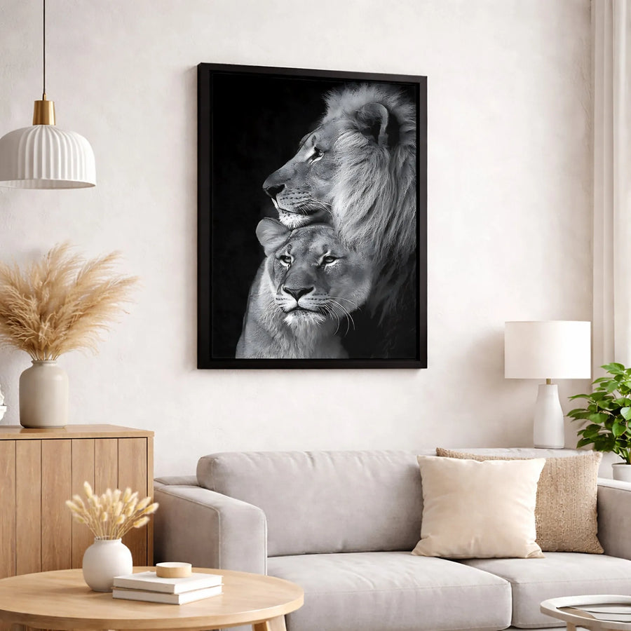 Lion and Lioness Couple Canvas | Black and White Wildlife Wall Art | Gallery Quality Premium Print | Romantic Bedroom Home Decor Gift