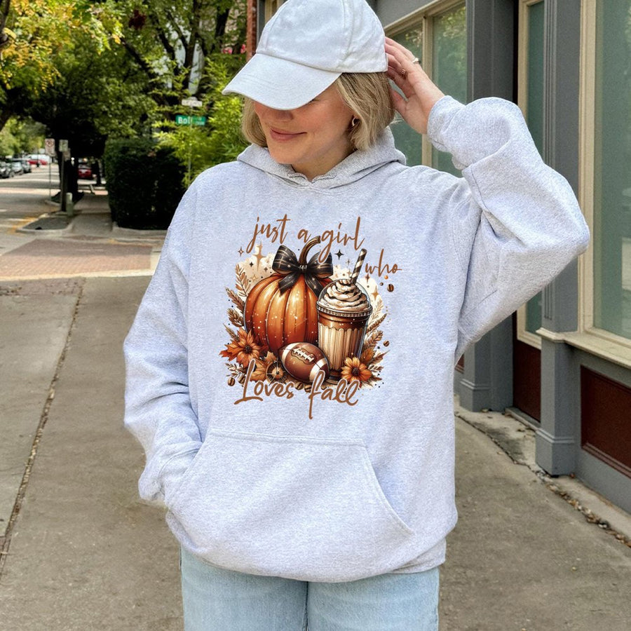 Just A Girl Who Loves Fall Hoodie | Pumpkin Spice & Football Graphic | Cotton-Poly Premium Blend | Cute Autumn Aesthetic Gift for Her