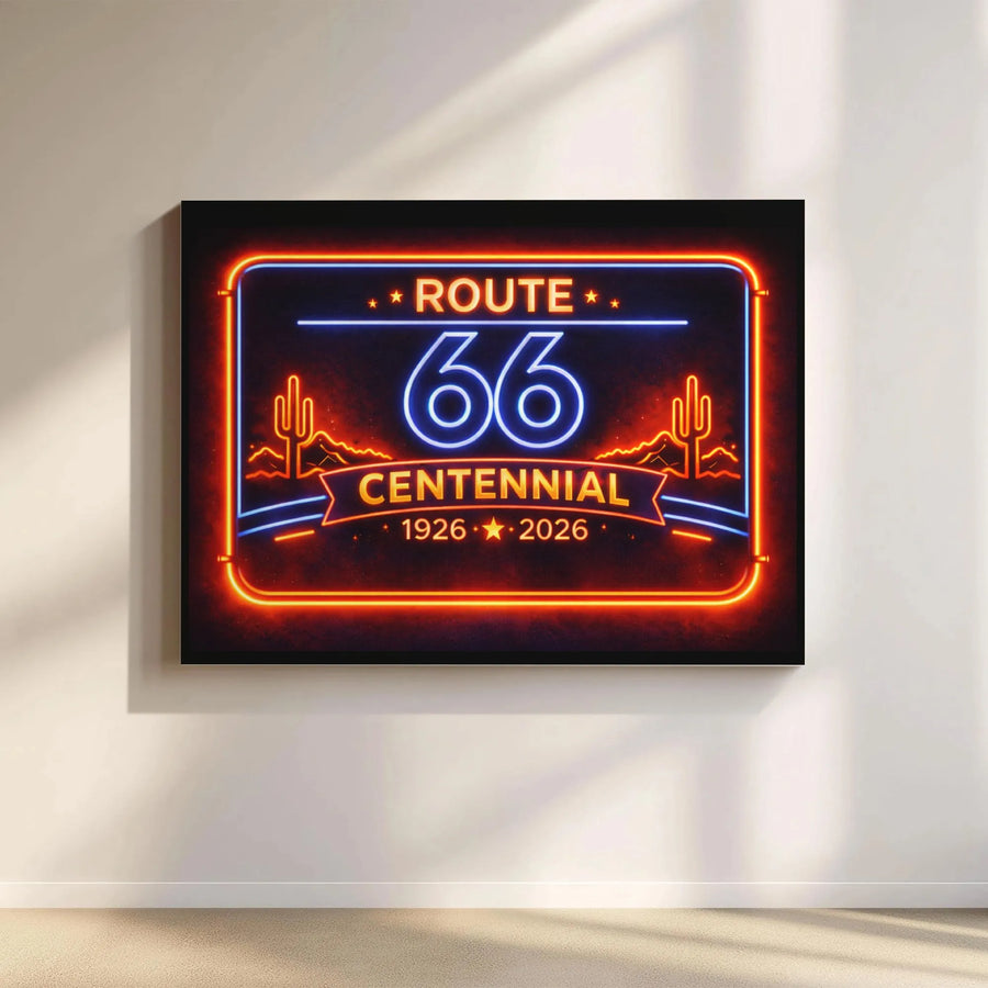 Route 66 Centennial Canvas Wall Art | Retro Neon Sign Print | Premium Gallery Wrap | Collector's Gift for Man Cave Decor