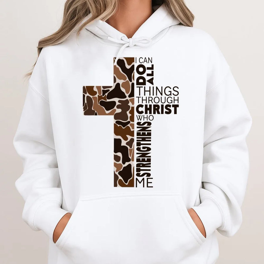 I Can Do All Things Through Christ Hoodie | Leopard Print Cross Design | Premium Cotton Blend | Christian Gift For Her Faith Apparel
