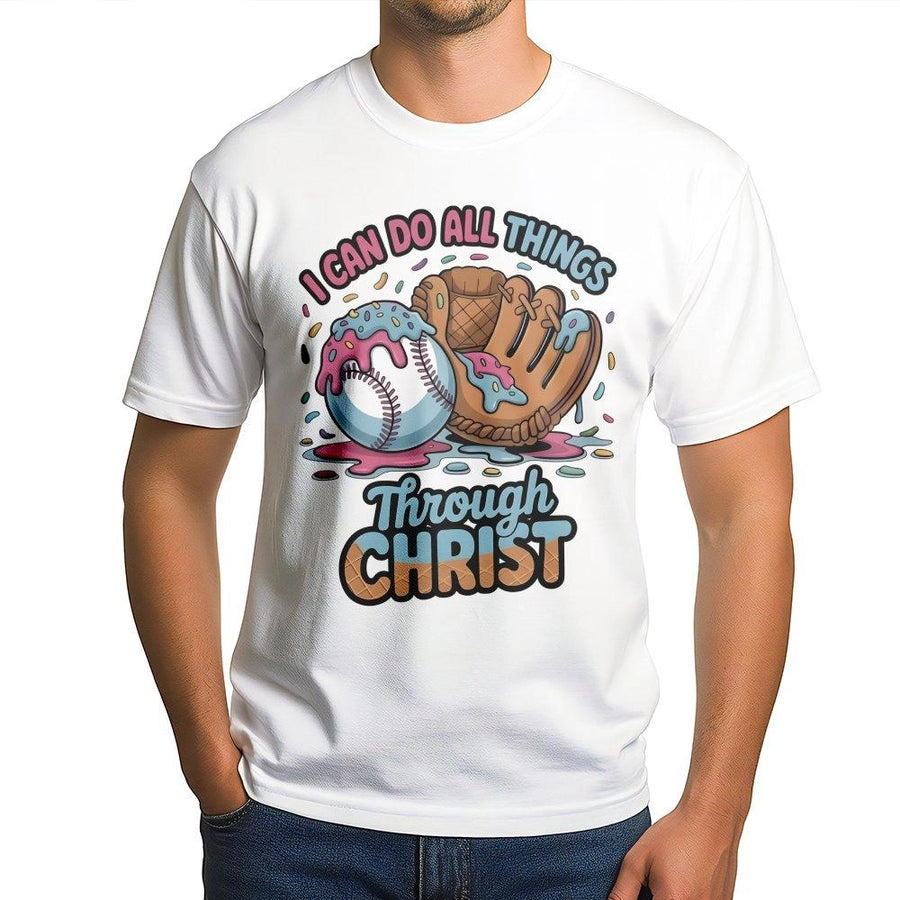 I Can Do All Things Through Christ Baseball T-Shirt | Ice Cream Drip Sport Design | Premium 100% Cotton Tee | Christian Gift for Softball Players