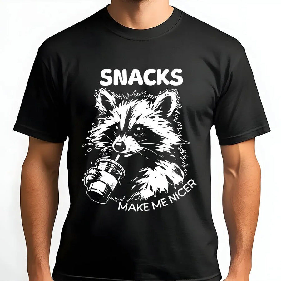 Snacks Make Me Nicer Raccoon T-Shirt | Funny Coffee Lover Graphic Tee | 100% Cotton Premium Quality | Cute Animal Sarcastic Gift for Men Women