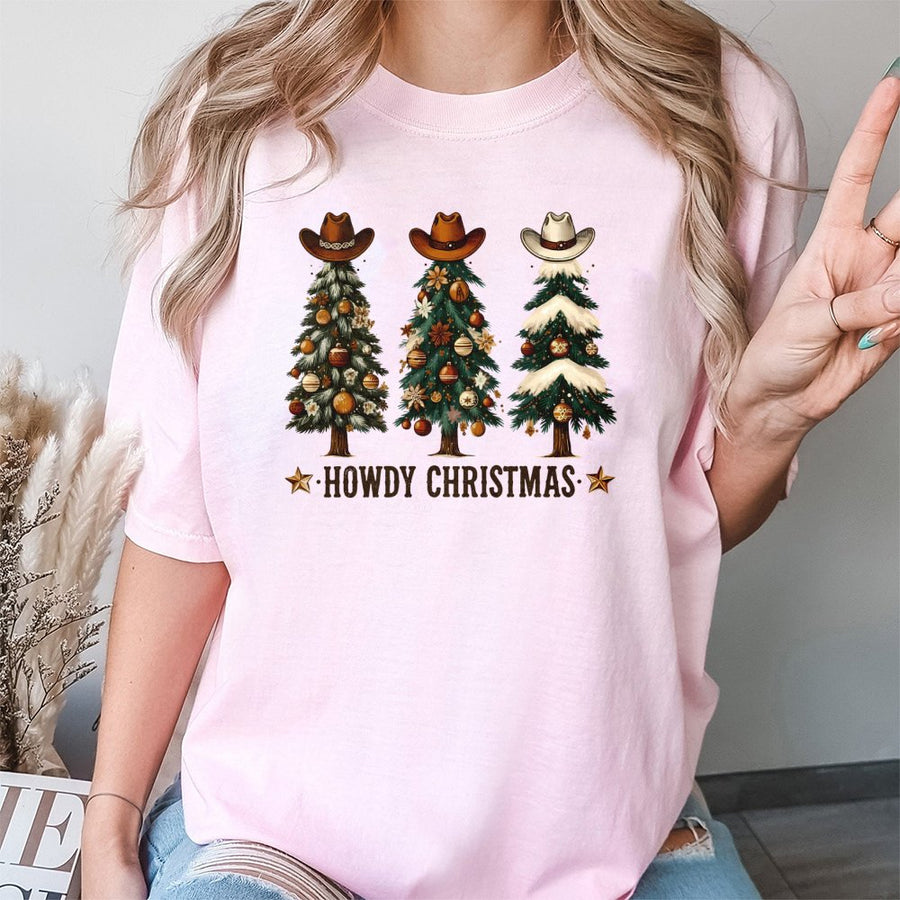 Howdy Christmas T-Shirt | Cowboy Hat Tree Graphic | 100% Soft Cotton Tee | Country Western Holiday Gift For Men And Women