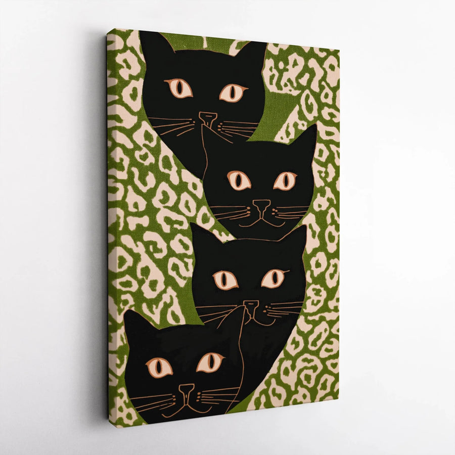 Black Cat Wall Art Canvas | Retro Pop Art Cats with Green Leopard Print | Premium Gallery Wrapped Canvas | Modern Home Decor Gift for Cat Lovers