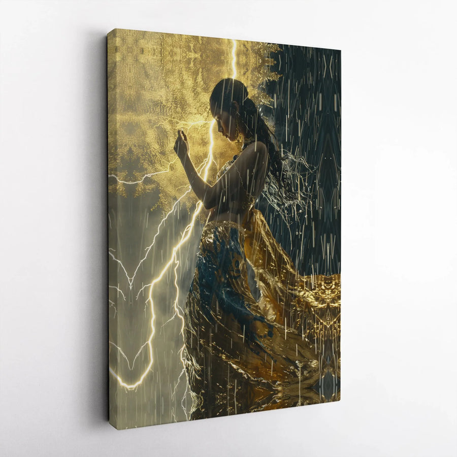 Goddess of the Storm Canvas Wall Art | Mythical Fantasy Portrait with Golden Lightning | Premium High-Resolution Print | Collector's Gift for Fantasy Art Fans